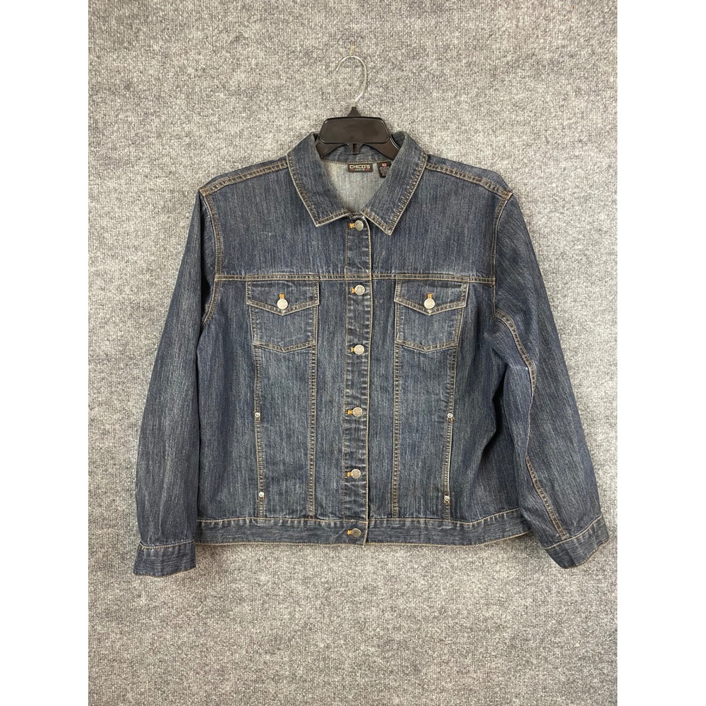 Chico's‎ Denim Jacket Women Size 3 Blue Stretch Cotton Blend Button Up